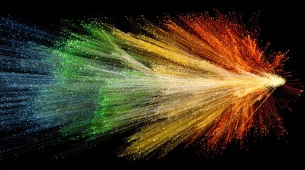 Colorful abstract light trails representing movement and energy in vibrant hues of green, yellow, orange, and red against black background