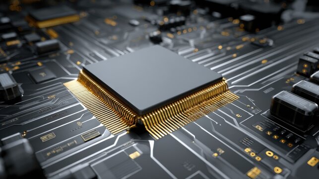 Close-Up View of a Modern Microchip on a High-Tech Circuit Board with Golden Pins and Intricate Connections