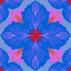 abstract floral background,red, purple, orange curves ,painted create to flowershape, leaves, blue background in geometric patterns as sarong,fabric,tile,printed fabric,batik,tablecloth patterns.