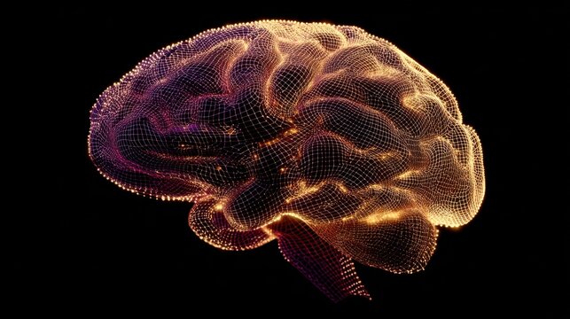 Abstract representation of a human brain in a glowing, wireframe design showcasing neural connections and cognitive patterns