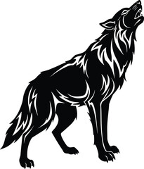 Howling wolf silhouette with tribal design, wild animal artwork, nature wildlife illustration, powerful predator pose, CAD drawing flat vector illustration.