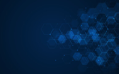 Fototapeta premium Digital technology background. Abstract hexagons background with lines and dots. Design for science, medicine or technology