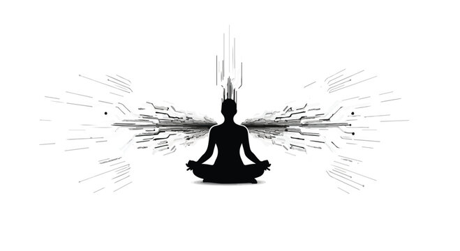 Silhouette of person meditating with abstract energy radiating outwards