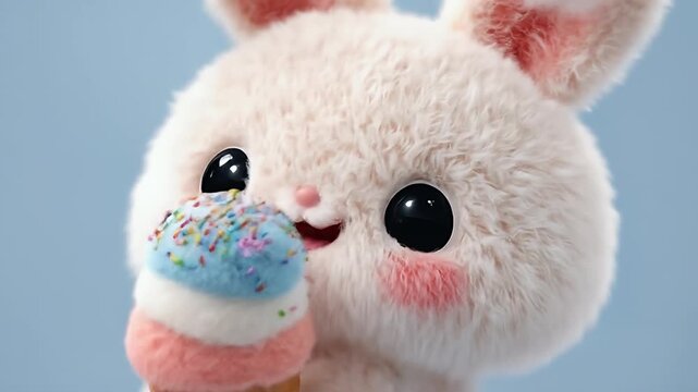 A fluffy, white rabbit, cheeks blushing pink, holds a colorful ice cream cone (blue, white, and pink) with sprinkles against a soft blue backdrop