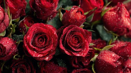 Closeup of a bunch of dark red roses with water droplets all over them. Ideal for expressing love, romance, or as a Valentine's Day background.