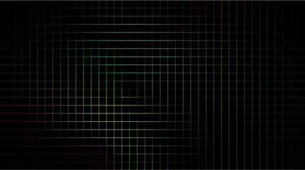 Futuristic dark digital grid overlayed with faint, multicolored glowing lines, evoking a high-tech data interface or circuit board aesthetic; this image for graphic design, UI, UX.