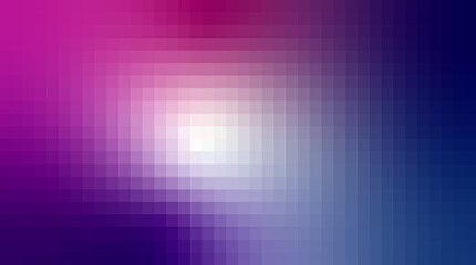Vibrant pixelated gradient shifting from energetic pinks to serene blues with a radiant central white glow, creating a dynamic and colorful digital backdrop; this image for graphic design, UI, UX.