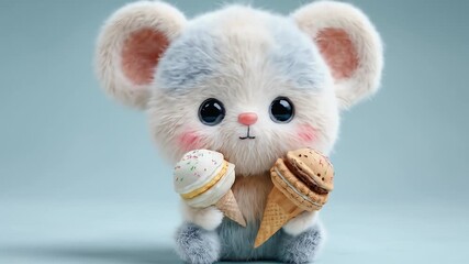 A fuzzy, fluffy cartoon creature with large eyes and blush holds two ice cream cones, against a light blue background. Sweet treat, sugary and fluffy