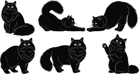 Black cat silhouette vector set, expressive feline poses, sitting, stretching, crouching, waving, standing positions, fluffy tail design, isolated on white © Ideasy Mind