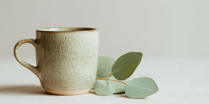 Minimalist ceramic coffee mug with eucalyptus leaves on neutral linen background - Powered by Adobe