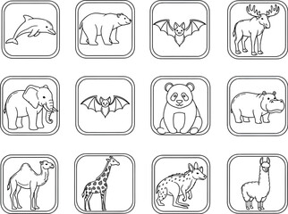 Collection of twelve unique hand drawn animal illustrations in a grid format for coloring pages or educational purposes