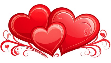 Three red, glossy hearts layered with ornamental swirls and tiny hearts, isolated on a white background