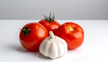Three red tomatoes and one head of garlic arranged on a white surface with a neutral background