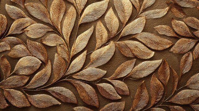 Elegant golden leaf embroidery design on textured brown background showcasing intricate craftsmanship and artistry