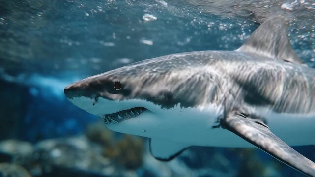 63Underwater cinematic view of shark swimming head-on, calm yet intimidating presence, bubbles and light reflections around body