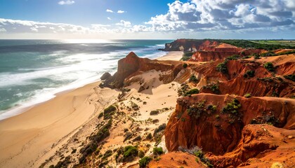A sun-kissed coastal vista features a sandy beach nestled between ochre cliffs and a vibrant turquoise ocean under a bright, cloudy sky