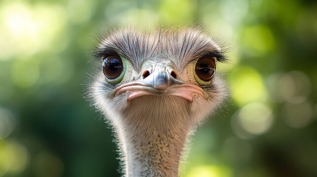 Close-up portrait of an ostrich with its distinctive large eyes and feathery details against a