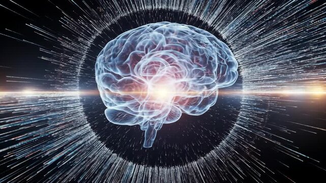 Glowing Digital Brain With Neural Network Connections And Radiating Data Streams In Futuristic Light Burst