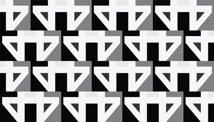 A graphic black-and-gray vector pattern formed by repeating geometric constructions with sharp edges and negative space. The design has a futuristic, architectural quality