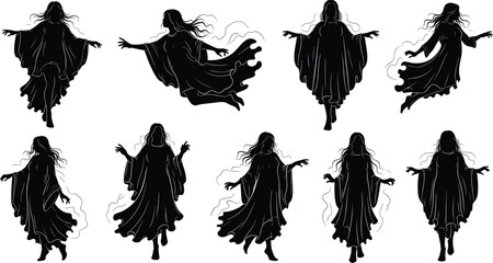 Ghostly female silhouette vector set, floating spirit poses, horror character design, Halloween theme, black icons, isolated on white background
