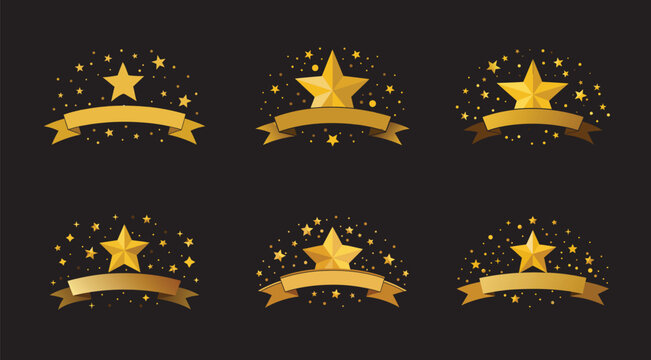 Set of Gold Stars with Ribbons on a Black Background Illustrations