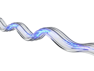 Twisted glass tube with blue glowing light stream inside on a transparent background