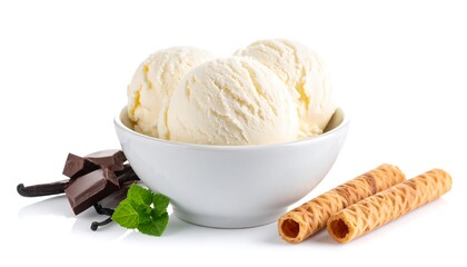 Three scoops vanilla ice cream in white bowl, dark chocolate, vanilla beans, mint leaf, and waffle rolls on white