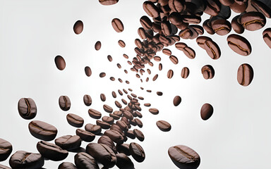 Highly detailed vivid surreal illustration of falling coffee beans arranged in a spiral pattern isolated on a clean white background with soft lighting
