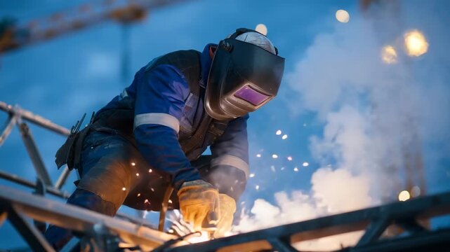 128Welder crouched on a scaffolding platform connecting steel reinforcements, brilliant sparks and smoke rising under harsh site lighting