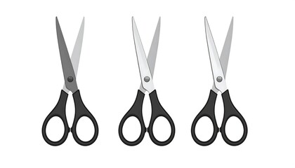 Three sharp scissors with black handles are aligned side-by-side on a clean white background