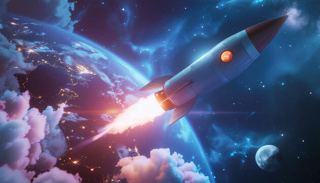 A rocket ship soaring through space, with Earth and moon in view. The rocket has a powerful engine, and it leaves a trail of fire