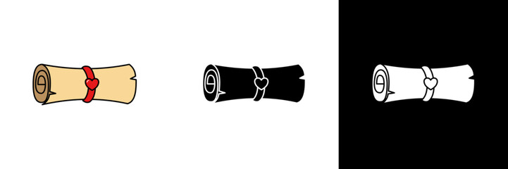 Scroll – A rolled parchment tied with a red ribbon, symbolizing a secret message or ancient document, drawn in a simple and cute cartoon style.