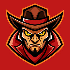 Fierce cowboy mascot with yellow eyes and brown hat