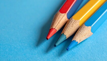 Three sharpened colored pencils (red, yellow, blue) are shown on a bright blue paper background in a top-down view