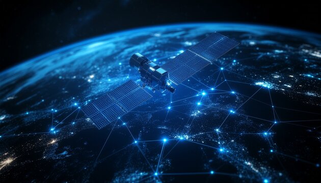 A satellite orbiting Earth, highlighting the intricate web of global communication networks. The image showcases advanced technology and its connection to our planet