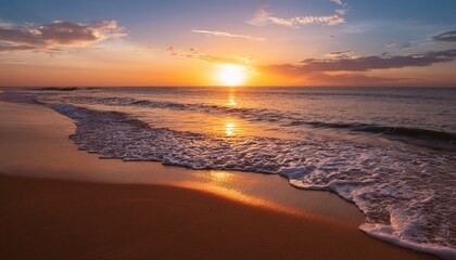 Fototapeta premium Stunning Sunset Over Serene Beach With Gentle Waves And Vibrant Colors For Travel And Lifestyle Projects
