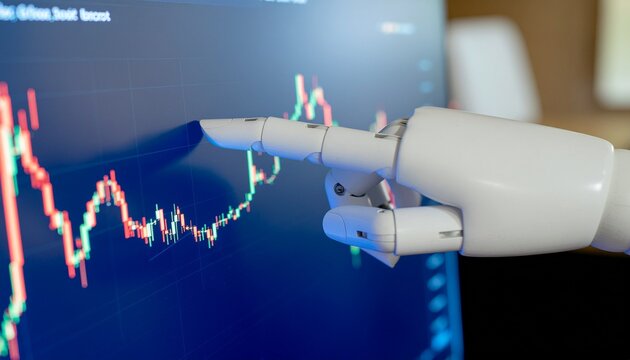 A robotic arm pointing at stock market data on a computer screen