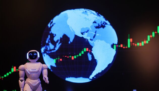 An innovative AI robot stands before a holographic Earth and financial charts, symbolizing technological advancement and global economics