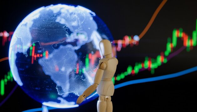 An individual figure looking at the economic trading board with the Earth in the background