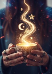 Mystical steaming brew held in hands emitting magical symbols and ethereal light