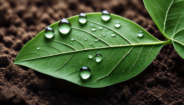 A Green Leaf Close Up With Water Droplets On The Surface And Dirt Below - Powered by Adobe