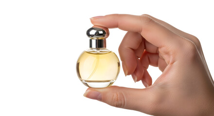 Woman's hand holding a miniature round glass perfume bottle for beauty product advertising isolated PNG with Transparent Background