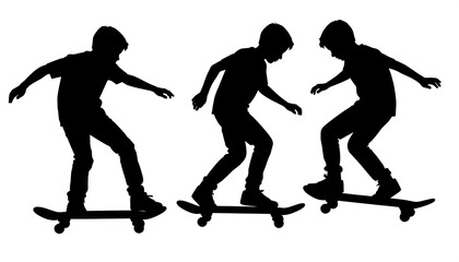 Three black silhouettes of youth skateboarding in action against a stark white background, portraying movement
