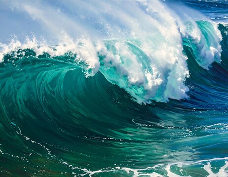 A vibrant, close-up view of a large ocean wave cresting, showing emerald and turquoise hues with foamy white crests