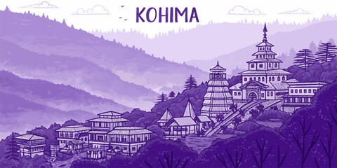 Kohima City Skyline Illustration with Naga Culture and Heritage Landmarks &ndash; Perfect for Travel Blogs, Posters, and Tourism Campaigns