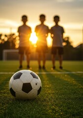 Youthful Soccer Players at Sunset: A Silhouette of Teamwork and Golden Hour Ambience