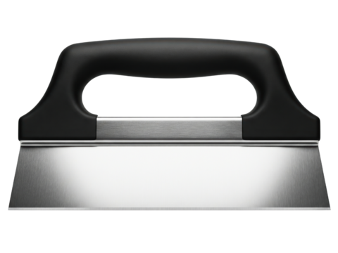 Metal bench scraper with black handle on a transparent background