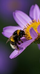 A fuzzy bumble bee collects golden pollen while resting on a vibrant purple flower petal during a warm, sunny summer afternoon ,foraging ,wildlife ,striped