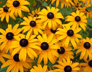 A vibrant cluster of numerous, bright yellow daisy-like blooms with dark, central discs, creating a dense, close-up floral display