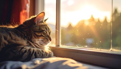 Tabby cat rests on a window seat, basking in golden sunlight against a scenic, blurred natural backdrop